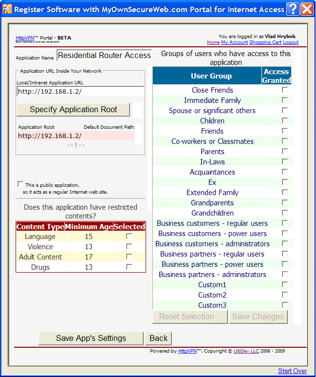 Registered application's settings and security