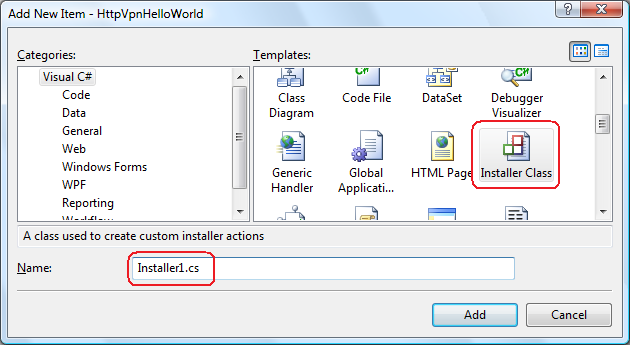 Adding installer class to the ASP.NET application project