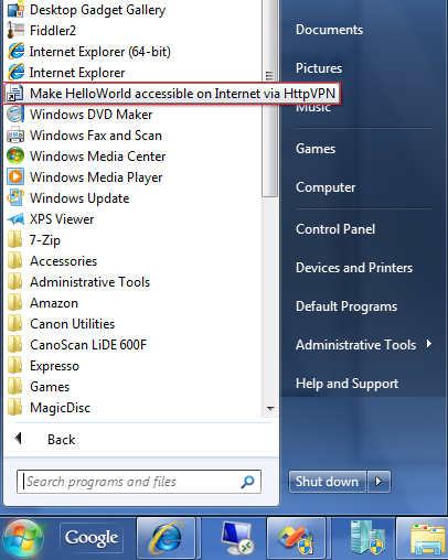 App registration shortcut in Windows Programs menu